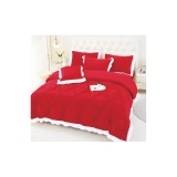 Cumpara ieftin Lenjerie de Pat din Catifea, pentru Pat Dublu, 4 Piese, Rosu cu Margine Alba - FR143