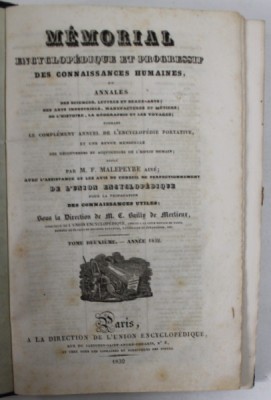 MEMORIAL ENCYCLOPEDIQUE ET PROGRESSIF DES CONNAISSANCES HUMAINES, redige par M.F. MALEPEYRE , TOME DEUXIEME , 1832 foto