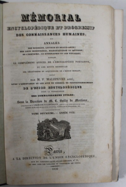 MEMORIAL ENCYCLOPEDIQUE ET PROGRESSIF DES CONNAISSANCES HUMAINES, redige par M.F. MALEPEYRE , TOME DEUXIEME , 1832