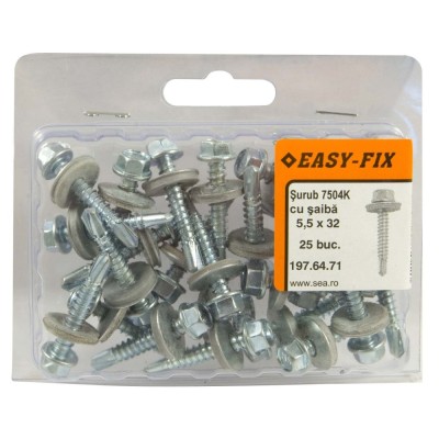 Surub autoforant pentru tabla, cu cap hexagonal + saiba EPDM, Easy-Fix, din otel, zincat alb, 5.5 x 32 mm, set 25 bucati foto