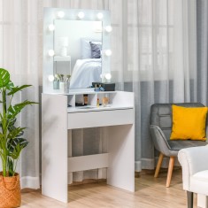 HOMCOM Masuta de Toaleta pentru Camera cu Oglinda 9 Lumini LED, Masa de Machiaj cu Sertar si Compartimente Deschise 70x40x160cm, Alb foto