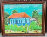 Tablou Arta naiva Casa bunicilor, pictura pe p&acirc;nză &icirc;nrămata 28x34cm, Peisaje, Acrilic, Altul