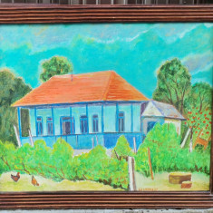 Tablou Arta naiva Casa bunicilor, pictura pe pânză înrămata 28x34cm