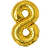 Balon din folie metalizata flippy, figurina cifra, tema aniversare 100 cm, ambalaj individual, pai inclus, umflare cu aer sau heliu, auriu, cifra 8