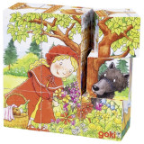 Puzzle cuburi Povesti cunoscute Goki, 10.5 x 10.5 x 3.5 cm, 9 piese, lemn, 3 ani+