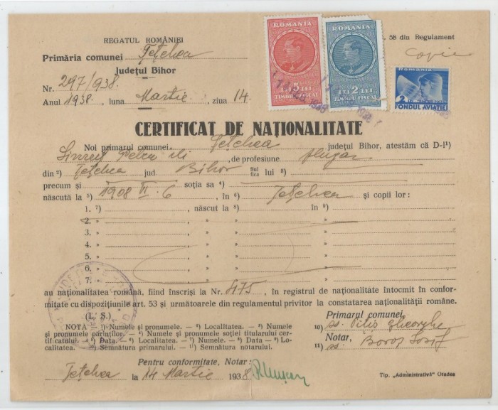 Romania, Primaria comunei, Certificat de nationalitate, Tetchea, 1938