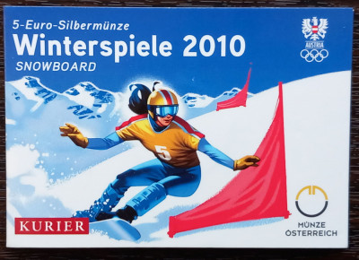 MONEDA DIN ARGINT AUSTRIA - 5 EURO 2010, MONEDA UNC IN BLISTER- SPORT- SNOWBOARD foto