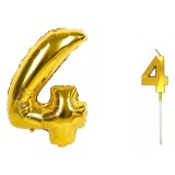 Cumpara ieftin Set 2 piese balon si lumanare aniversara cu cifra 4, balon inaltime 100 cm, dimensiuni totale lumanare 12.5 x 3.5 cm, folie, ceara, auriu