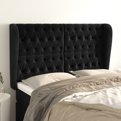 vidaXL Tăblie de pat cu aripioare, negru, 163x23x118/128 cm, catifea 3118348 foto