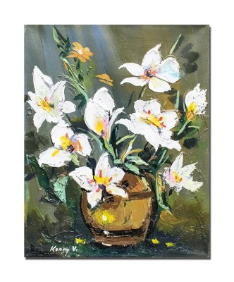 Tablou cu azalee albe pictat manual, 40x30cm acril pe panza in relief efect 3D, Kenny Varniote foto