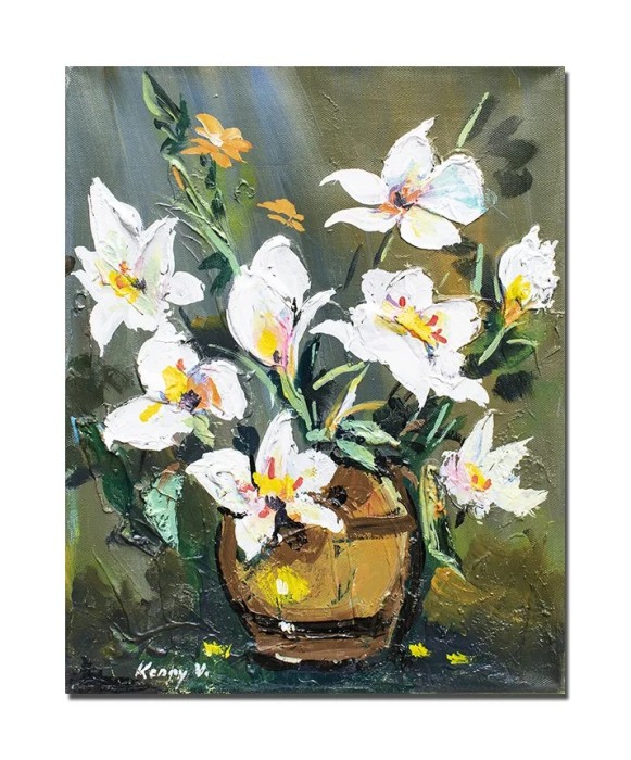 Tablou cu azalee albe pictat manual, 40x30cm acril pe panza in relief efect 3D, Kenny Varniote