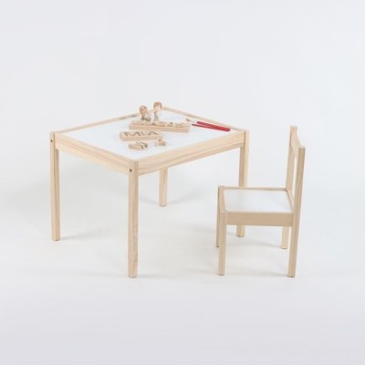 Set Masa si scaun din Lemn, cu Suprafata Alba pentru Copii foto