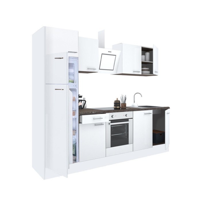 Mobilă de bucătărie Yorki 280, corp alb, față alb satinat, element cuptor inferior, frigider congelator superior