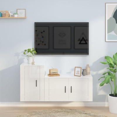 Set dulap TV, 2 piese, alb extralucios, lemn prelucrat foto