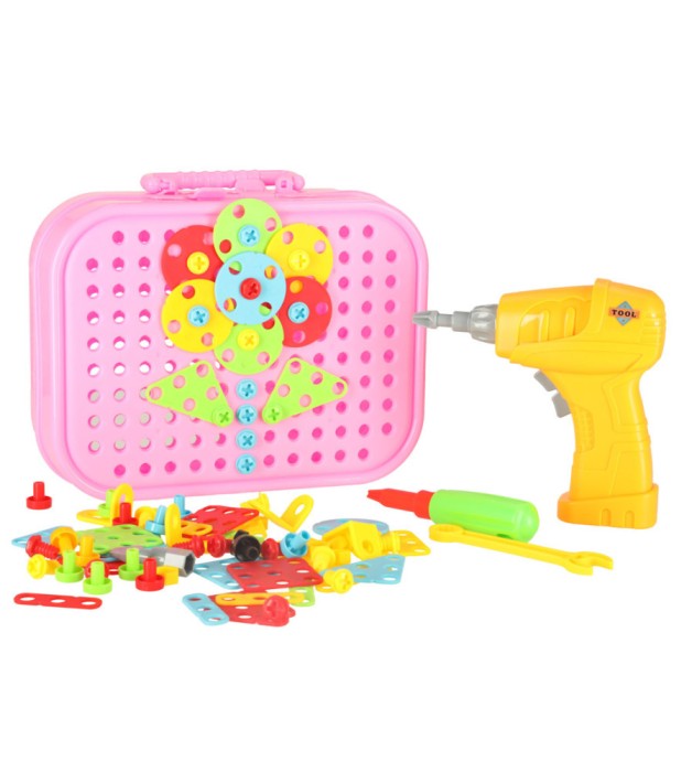 Set de 285 bucati de blocuri creative pentru constructii cu bormasina, Screw Puzzle Box, unicorn - roz