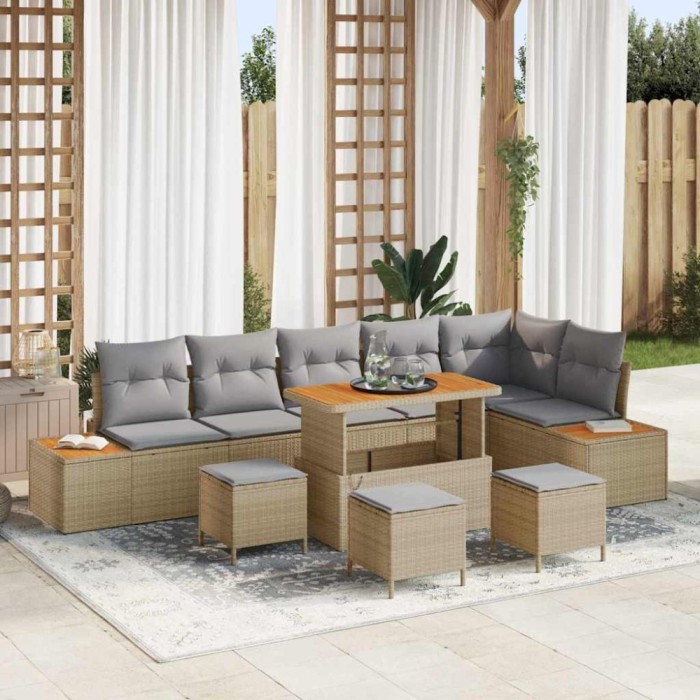 vidaXL Set de canapele pentru grădină cu pernă 10 pcs Bej Rattan poli 3362942