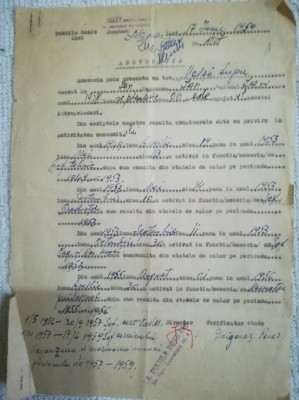 1959, Adeverinta Moisă Lupu, Textila Rosie Iasi, comunism, iudaica, Roza Luxembu foto