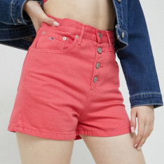 Tommy Jeans pantaloni scurti jeans femei, culoarea roz, neted, high waist