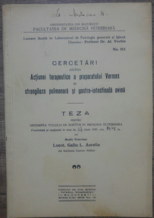 Actiunea terapeutica a preparatului Vermex in strongiloza pulmonare/ 1936