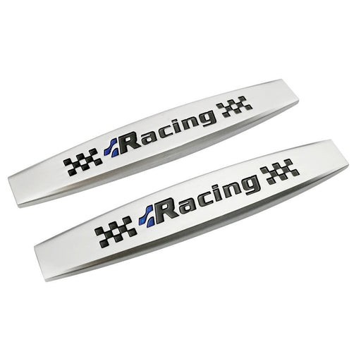 Set 2 x Embleme auto metalice, autoadezive, model RACING, finisaj Crom, dimensiune, 10 x 1,5 cm