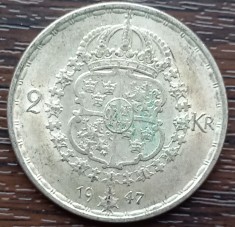 (A953) MONEDA DIN ARGINT SUEDIA - 2 KRONOR 1947, LIT. TS, REGELE GUSTAV V