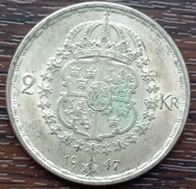 (A953) MONEDA DIN ARGINT SUEDIA - 2 KRONOR 1947, LIT. TS, REGELE GUSTAV V foto