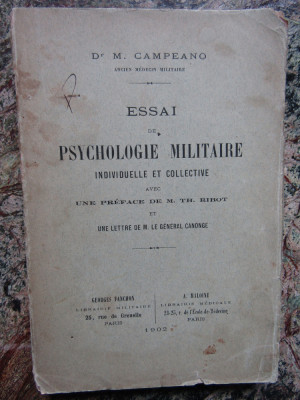ESSAI DE PSYCHOLOGIE MILITAIRE INDIVIDUELLE ET COLECTIVE... Dr. M. CAMPEANO 1902 foto