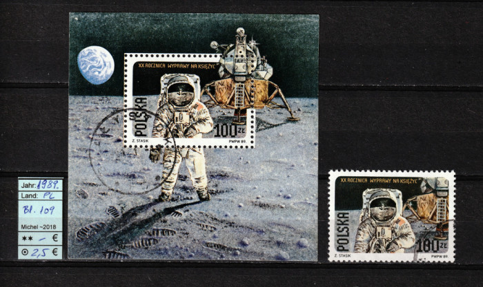 Timbre Polonia, 1989 | Aniv. 20 ani de la aselenizarea Apollo 11 - Cosmos | aph