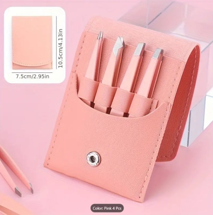 Set 4 pensete profesionale din otel inoxidabil - etui roz