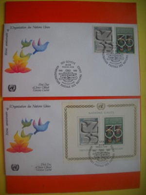 HOPCT PLIC FDC S NR 293 SET 2 FDC -ANIVERSARE 35 ANI 1980 -ONU NATIUNILE UNITE -BIROUL DIN GENMEVA -ELVETIA foto