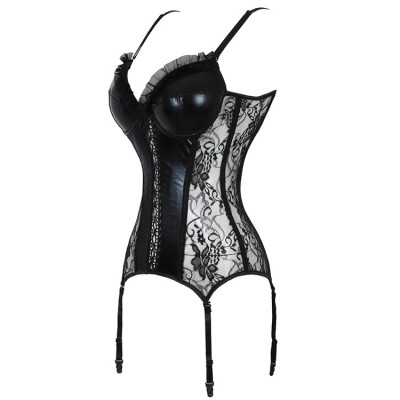 S363-1 Corset din vinil cu dantela si cupe cu burete si push-up foto