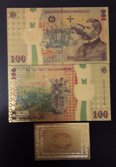 100 LEI 2018 CENTENAR-BANCNOTA POLYMER (PLASTIC) PLACATA CU AUR 24K foto