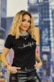 U833-1 Tricou casual cu imprimeu text &quot;beautiful&quot;