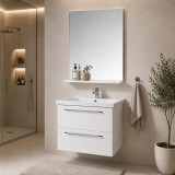 Set mobilier baie suspendat, cu lavoar ceramic, GN0541, front MDF, 60 cm, 2 sertare, glisiere soft close si oglinda cu polita GN0671, dreptunghiulara,
