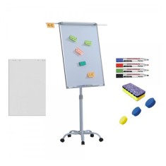 Flipchart mobil, Premium, 70x100 cm, brate laterale, inaltime ajustabila + accesorii: hartie flipchart, markere, burete, magneti