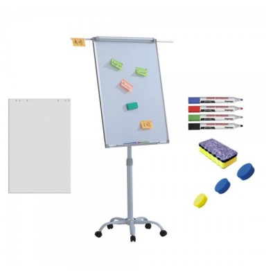 Flipchart mobil, Premium, 70x100 cm, brate laterale, inaltime ajustabila + accesorii: hartie flipchart, markere, burete, magneti foto