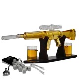 Set decantor, Mitraliera si 2 pahare cu glont, cu suport de lemn, transparent, din sticla, Oem