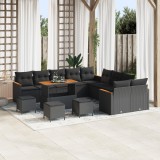 Set de canapea de gradina Gossi 14 piese cu pernute negru poliratan acacia, set de mese de gradina Gossi 4 piese cu pernute negru poliratan acacia