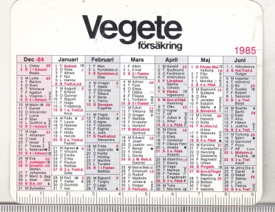 bnk cld Calendar de buzunar - 1985 - Suedia foto