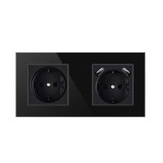 Priza Techstar&reg; Crystal TSU2, Dubla, 2 x USB, 2.1 A, Culoare Negru Onyx, Sticla Securizata, 16A
