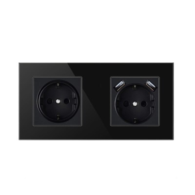 Priza Techstar&amp;reg; Crystal TSU2, Dubla, 2 x USB, 2.1 A, Culoare Negru Onyx, Sticla Securizata, 16A foto