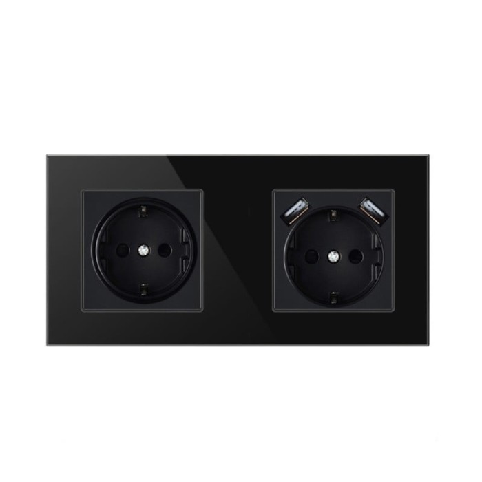 Priza Techstar&reg; Crystal TSU2, Dubla, 2 x USB, 2.1 A, Culoare Negru Onyx, Sticla Securizata, 16A