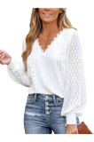 Bluză pentru femei cu decupaje, dantelă &icirc;n formă de scoică, m&acirc;neci lungi din dantelă, guler &icirc;n V, manșete cu bandă, eleganță chic, cămașă