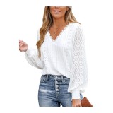 Bluză pentru femei cu decupaje, dantelă &icirc;n formă de scoică, m&acirc;neci lungi din dantelă, guler &icirc;n V, manșete cu bandă, eleganță chic, cămașă