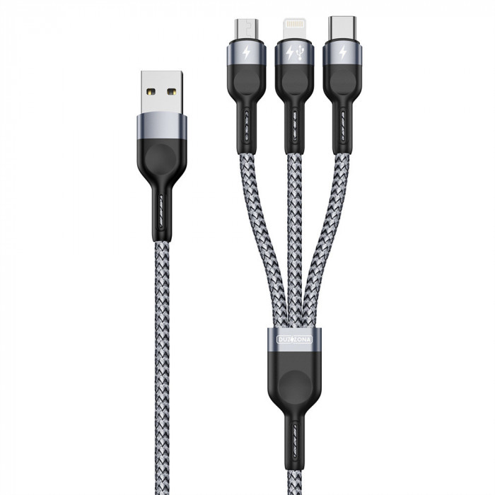 Cablu de Date 3 in 1, USB la Type-C, Lightning, Micro-USB, 1.3m Duzzona (A3) Gri