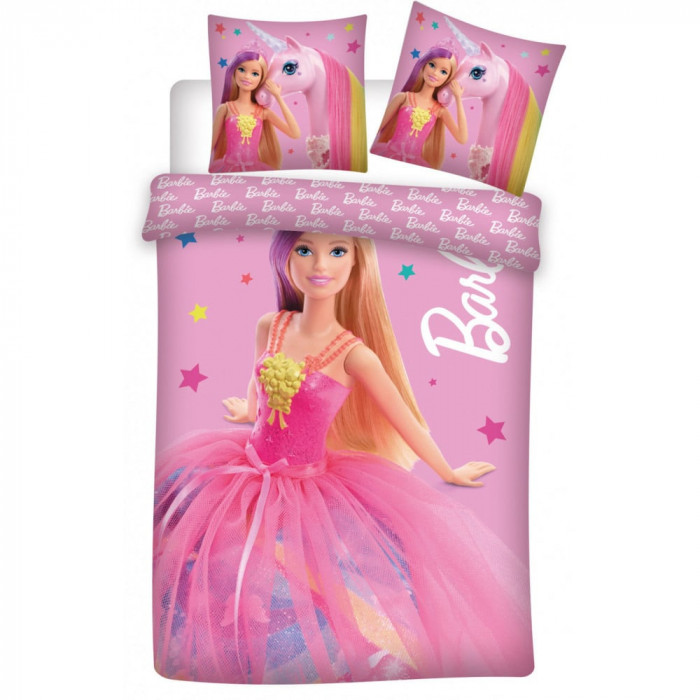 Lenjerie de pat Barbie si Unicorn Kids, 2 Piese, 100A 135 cm, 40A 60 cm, 100% Bumbac