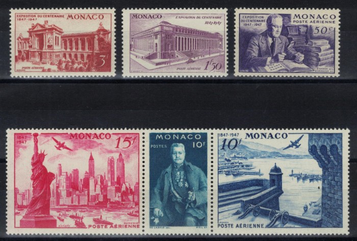 MONACO 1947 - Expozitii, primele timbre in SUA 100 de ani/ serie completa MNH