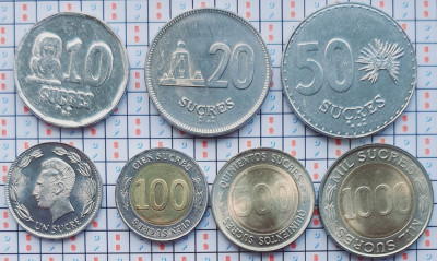 01B35 Ecuador set 7 monede 1, 10, 20, 50, 100, 500, 1.000 Sucres 1988 - 1997 UNC foto