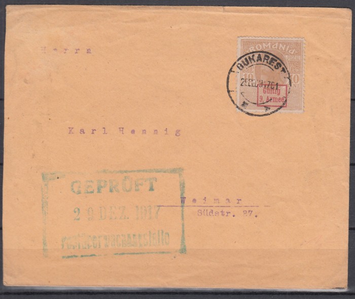 ROMANIA 1918 TIMBRE GERMANE CU SUPRATIPAR GULTIG 9 ARMEE VALOAREA 10 BANI/PLIC