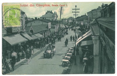 564 - CAMPINA, Prahova, street stores, old car - old postcard - used - 1913 -TCV foto